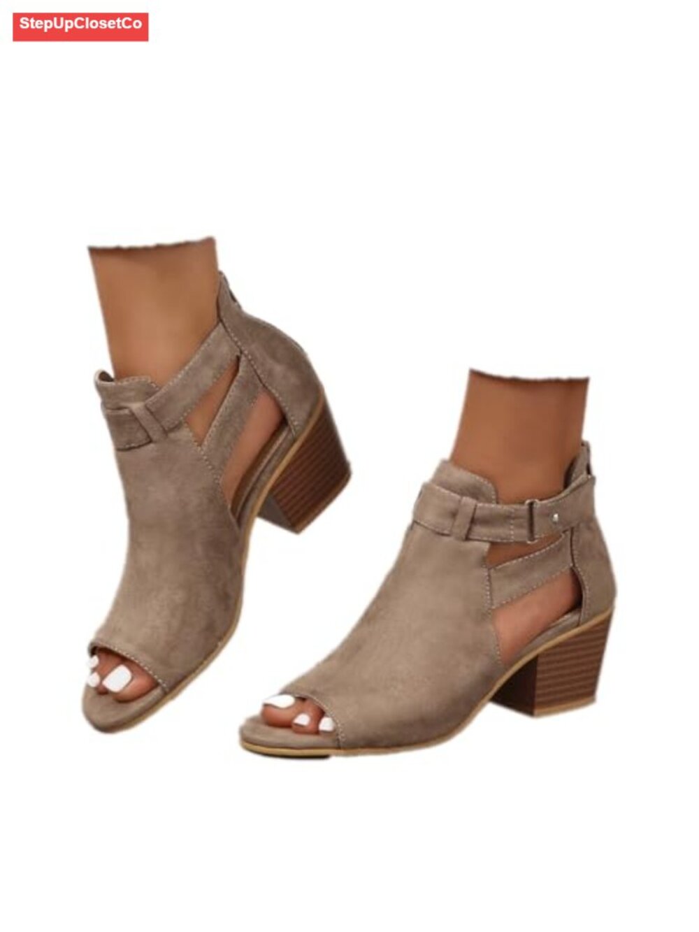Womens Peep Toe Ankle Booties Chunky Heels Cutout Back Zipper Suede Sandals